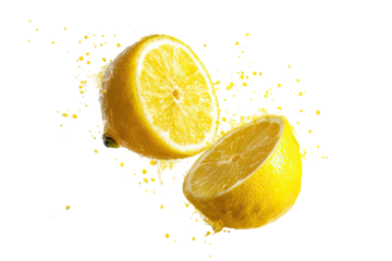 Two lemon halves exploding in a burst of vibrant citrus juice
