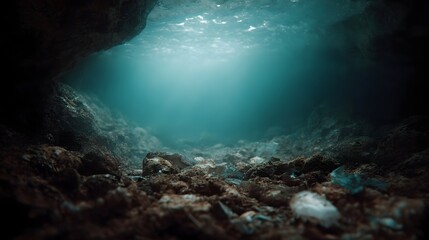 Fototapeta premium Sunlight penetrates a murky underwater cave illuminating debris scattered across the rocky seabed highlighting a hidden pollution zone