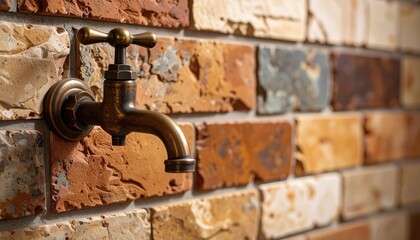 Antique brass faucet against a brick wall