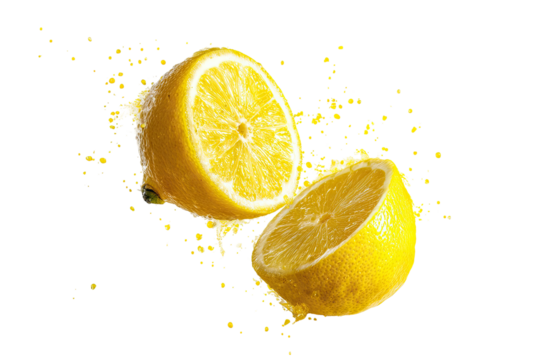 Two lemon halves exploding in a burst of vibrant citrus juice