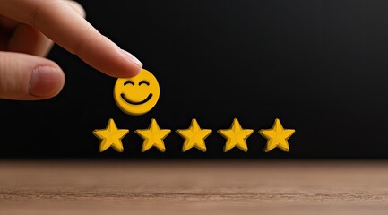 A hand places a smiley face atop a row of five gold stars