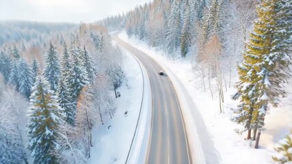 A picturesque road through a snowy forest, along which a car drives. Ideal for winter travel and nature.