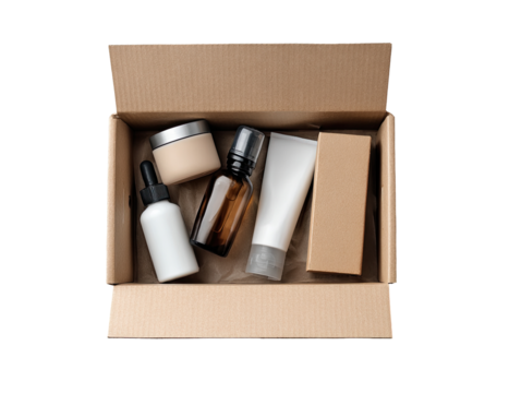 Open cardboard box filled with various cosmetic containers.  Natural, neutral-toned packaging includes cream jars, bottles, and tubes.  Top-down view