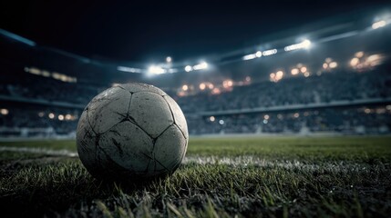 Worn soccer ball on a stadium field at night