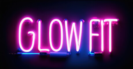Bright pink neon sign spells GLOW FIT against dark blue background. Modern aesthetic, simple typography, vibrant illumination.