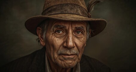 Opening portrait showing senior Hispanic man wearing felt hat with feather and wool coat in studio - Powered by Adobe