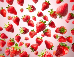 A vibrant display of fresh strawberries, seemingly suspended in mid-air, against a soft pink backdrop.