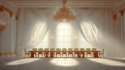 Empty banquet hall with long table and chairs, large window, and curtains.