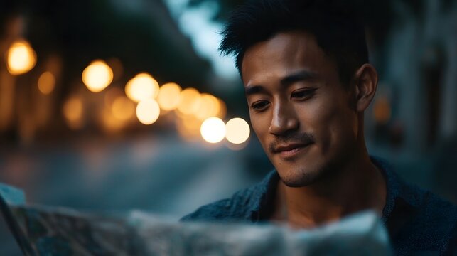 Young Asian man focused on a map in a vibrant city at night surrounded by blurred urban lights planning his next adventure or journey