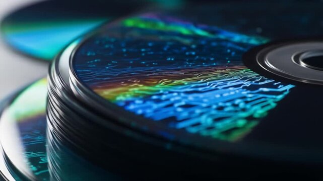 Stack of Shiny Compact Discs with Rainbow Reflection a Dark Background Optimized for Adobe Stock