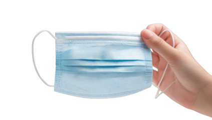 Light-blue disposable face mask held by a hand