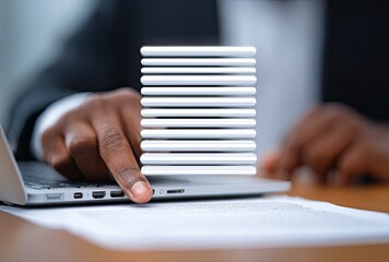 Person working on laptop with document icon