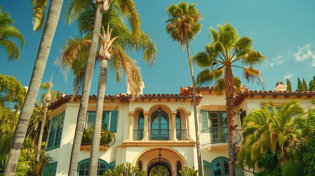 Spanish-style homes in Los Angeles with stucco walls, red clay tile roofs, arched entryways, palm trees swaying under the sun.