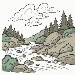 Idyllic cartoon illustration of a winding river flowing through a rocky forest landscape with pine trees and clouds © mukul