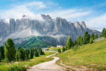 Gardena Pass hiking trail in Dolomites, South Tyrol, Italy © stevanzz