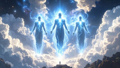 Three ethereal figures ascend amongst clouds and stars