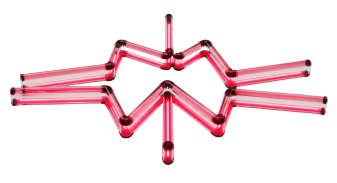 Intense crimson glow from rigid plasma tubes forming a sharp, angular zigzag pattern on an immaculate white studio background with copy space, conveying latent power. Concept of advanced energy