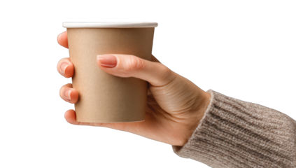 A hand holds a light brown paper coffee cup