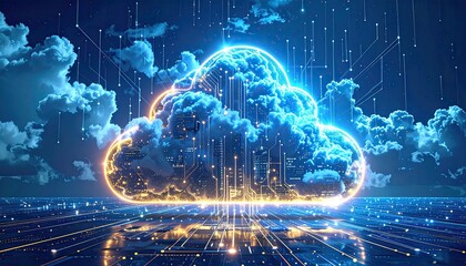 A glowing, stylized cloud silhouette, representing cloud computing, sits atop a circuit board-like base.  Digital lines and lights connect the cloud to the base, creating a futuristic tech concept