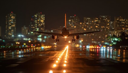 Airplane landing at night in city (1)