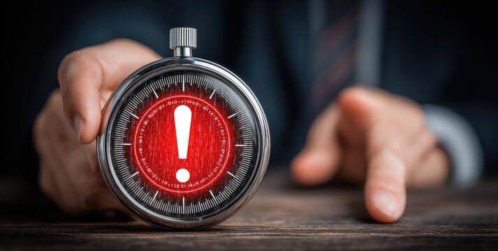 Businessperson holds a stopwatch with a large red exclamation point graphic