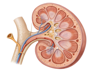 Detailed Anatomical Cross Section Illustration of a Human Kidney Renal Pelvis Ureter Blood Vessels Medulla Cortex Nephrons Isolated on a transparent background