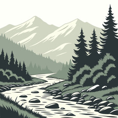 Fototapeta premium Serene mountain landscape with winding river and lush pine forest in muted green tones