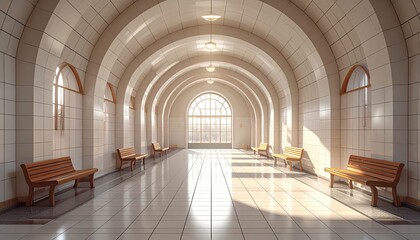 Fototapeta premium Sunlight-filled arched hallway with benches