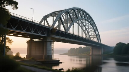 Naklejka premium Steel arch bridge spans a misty river at dawn