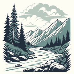 Fototapeta premium Stylized illustration of a serene mountain landscape with a winding river and pine trees under a cloudy sky