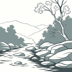 Stylized illustration of a serene mountain stream flowing through a rocky landscape with trees