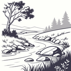 Obraz premium Stylized illustration of a winding river flowing through a landscape with trees and mountains