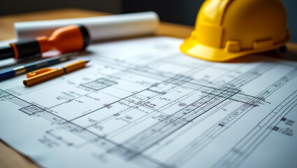 Architectural blueprints and plans laid out with drafting tools a hard hat and a flashlight ready for construction project development