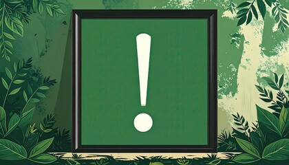 A framed exclamation point graphic against a jungle backdrop