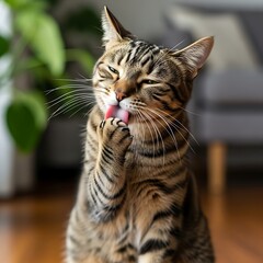 Naklejka premium Tabby cat grooming itself indoors