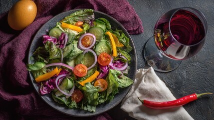 Fresh salad plate with vegetables, wine, and chili pepper