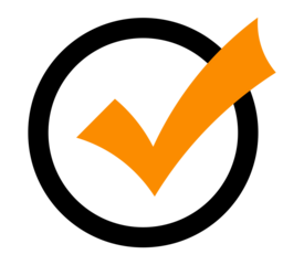 Orange tick icon in bold outlined circle PNG with transparent background, flat symbol for approved feedback, checklist UI, and app status validation