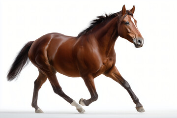 Obraz premium A majestic horse gracefully galloping across a field, showcasing its powerful physique and elegant movement. The horse has a sleek brown coat and a flowing mane