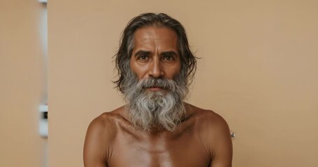 Reacting to camera start, shirtless senior Middle Eastern man holding gaze blinking in studio - Powered by Adobe