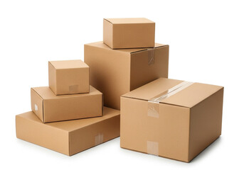 Brown cardboard packaging boxes isolated white background moving shipping pack