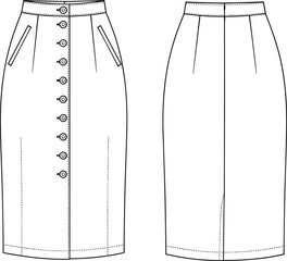 High waist pencil skirt cad, front and back view, button down vector sketch, flat technical drawing for fashion design template