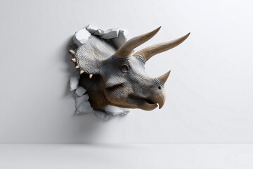 A realistic depiction of a Triceratops' head breaking through a wall. The dinosaur's textured skin, horns, and focused gaze offer a unique, captivating experience