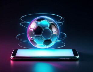 futuristic soccer ball hovering over smartphone on dark background