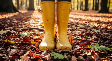 Yellow boots on autumn leaves in the forest on a sunny day in the fall season