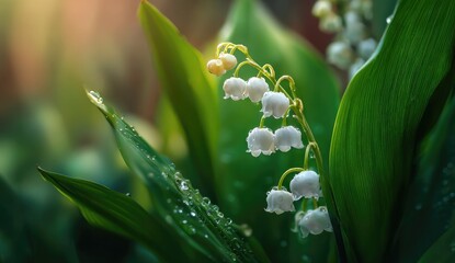 Delicate white lilies with morning dew on vibrant green leaves