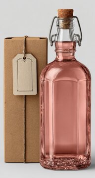 A light brownish-tan cardboard box with a tied twine ribbon holds a label.  A rose-colored, rectangular glass bottle with a cork and metal closure stands beside it
