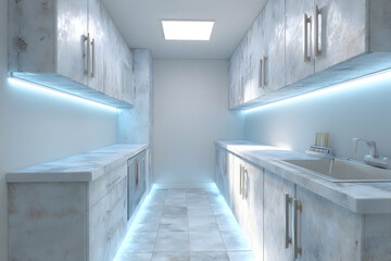 Empty modern kitchen with white cabinets and blue LED lighting.