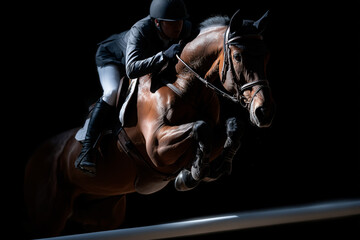 A skilled equestrian in action, elegantly riding a horse as they jump over an obstacle. The focus is on the athleticism of the horse and rider, against a dark background