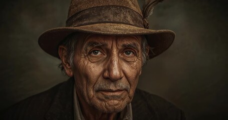 Recording senior man wearing fedora and jacket, holding gaze, blinking and closing eyes in studio - Powered by Adobe