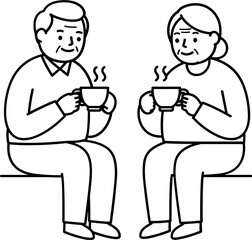 Elderly couple drinking coffee line art on white background